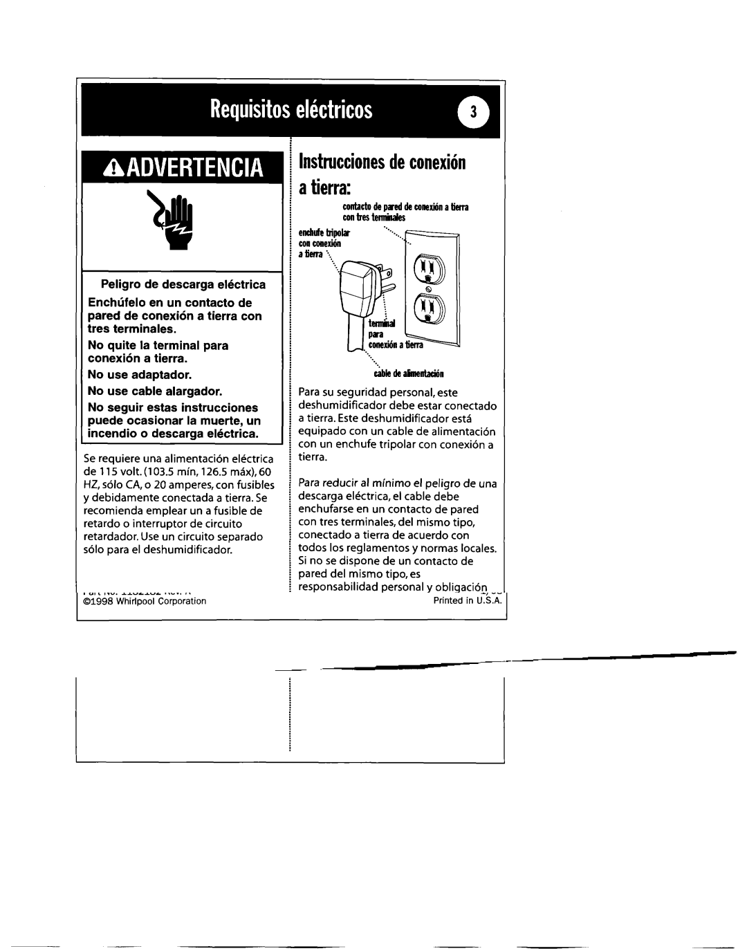 Whirlpool 1182182 manual Lnstruccionesdeconexih atierra 