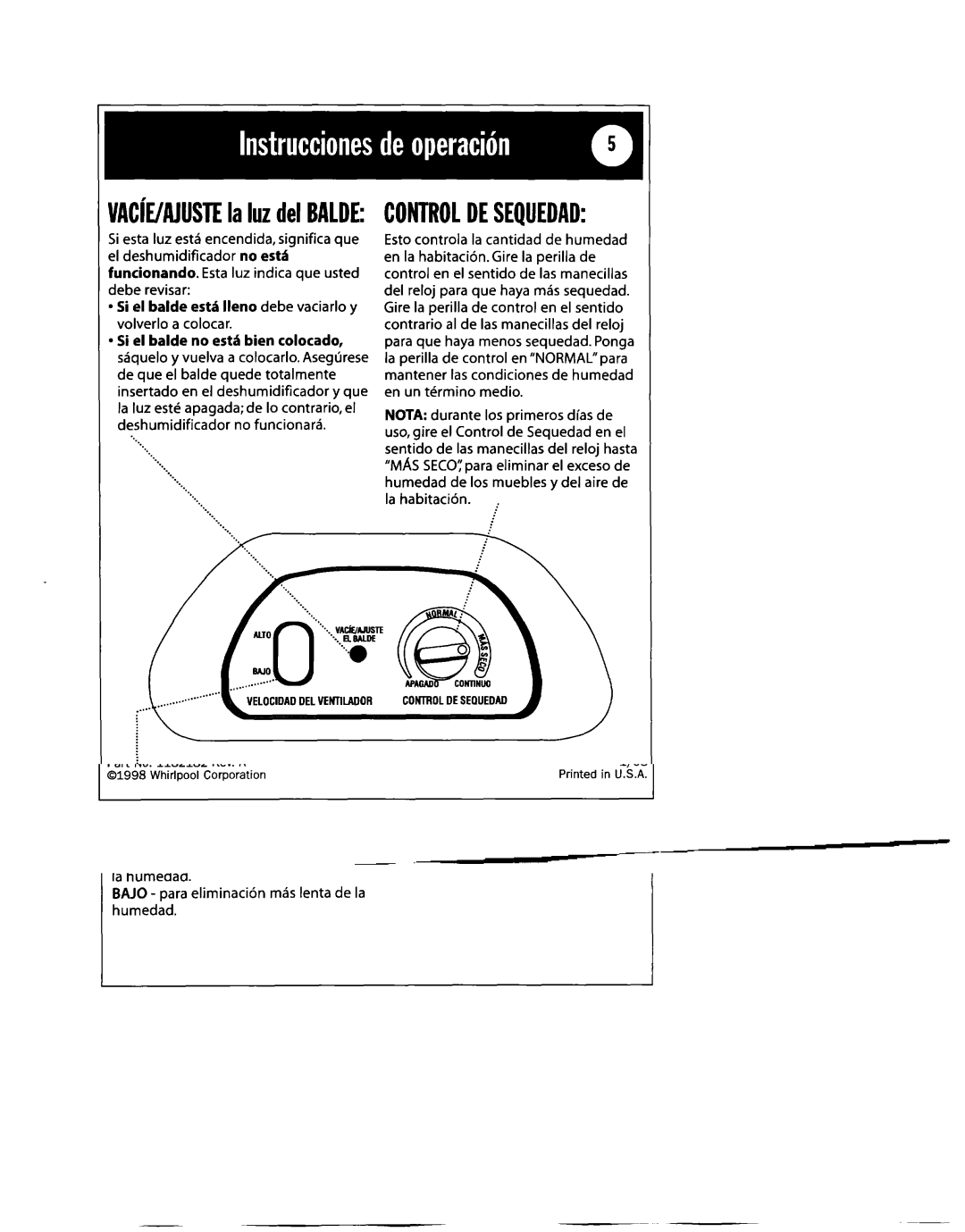 Whirlpool 1182182 manual UAChUUSTElaluzdelBALDECONTROLDESEQUEDAD, Si el balde esth lleno debe vaciarlo y 