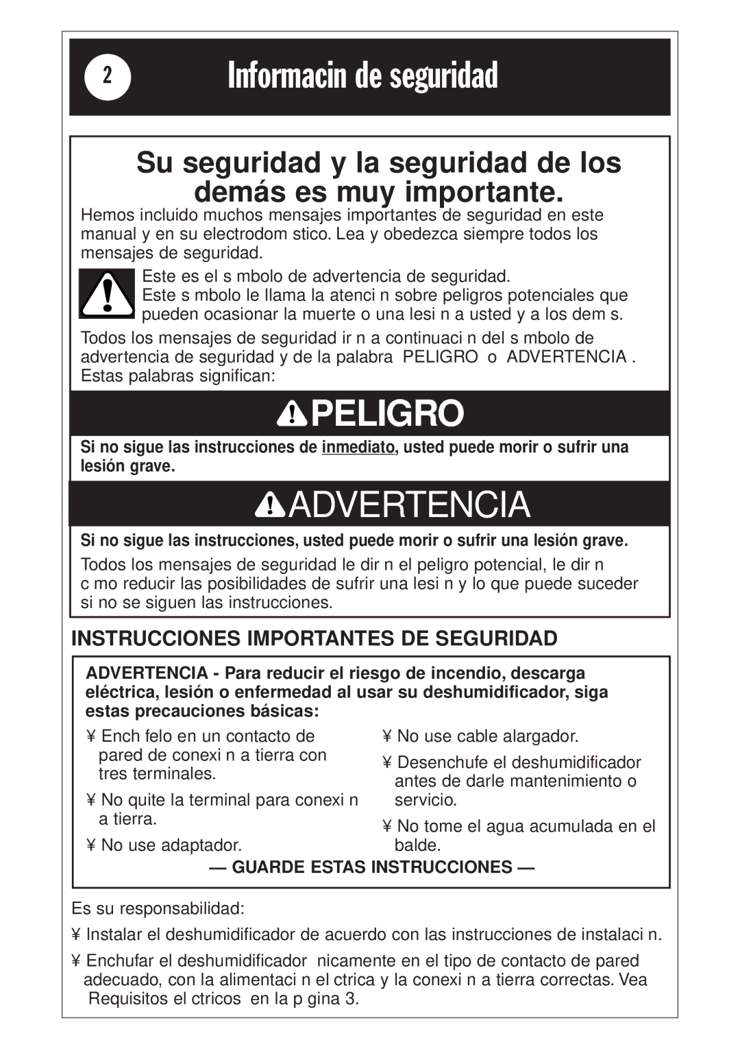 Whirlpool 1185020 manual Información de seguridad, Su seguridad y la seguridad de los demás es muy importante 