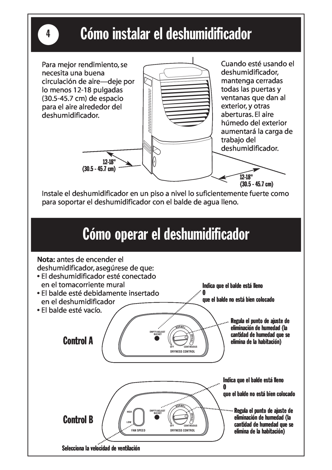 Whirlpool 1185020 manual Cómo operar el deshumidificador, 4Cómo instalar el deshumidificador, Control A, Control B 