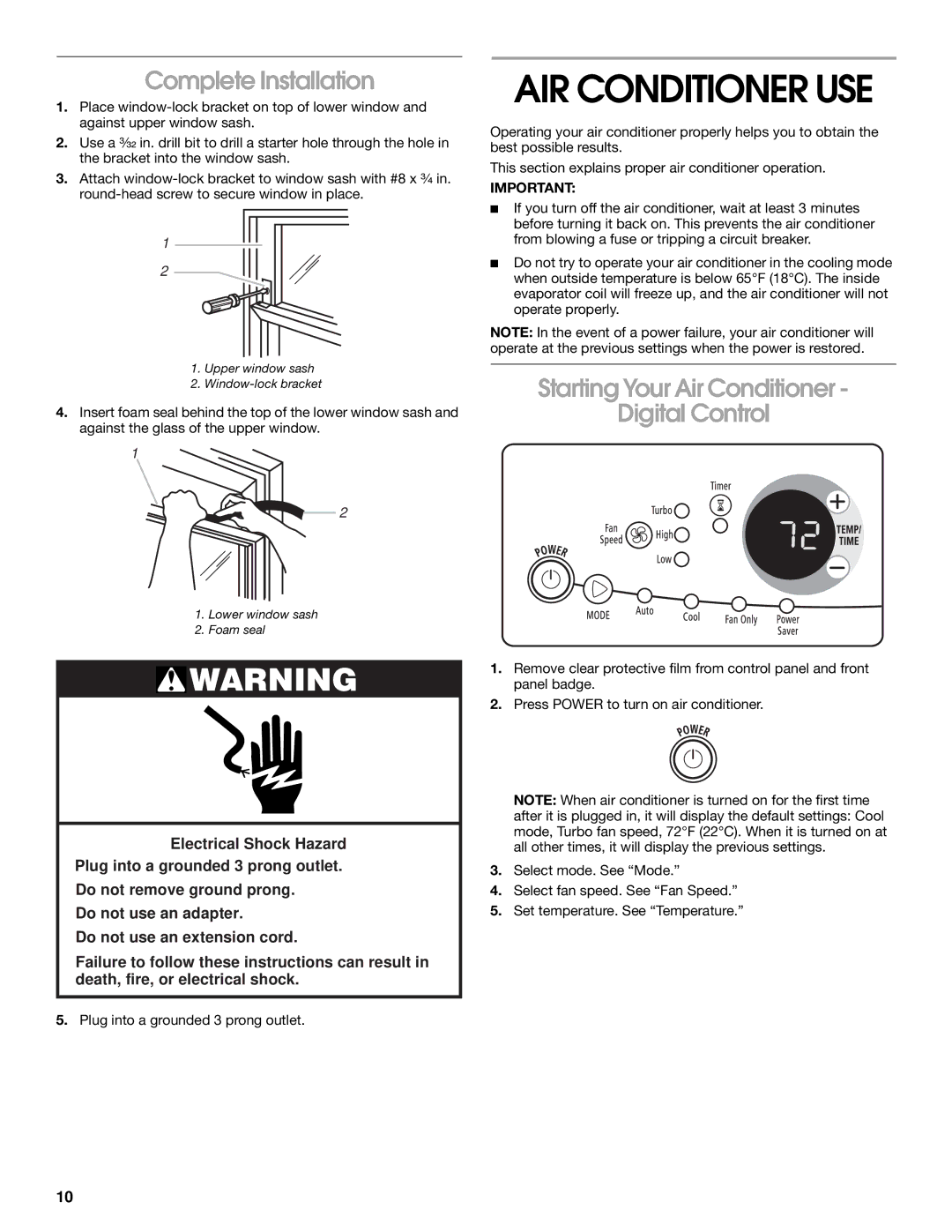 Whirlpool 1187361 manual AIR Conditioner USE, Complete Installation, Starting Your Air Conditioner Digital Control 