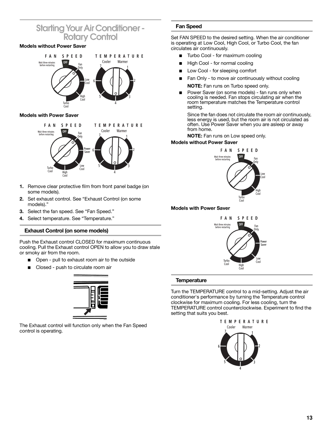 Whirlpool 1187361 manual Starting Your Air Conditioner Rotary Control, Exhaust Control on some models 