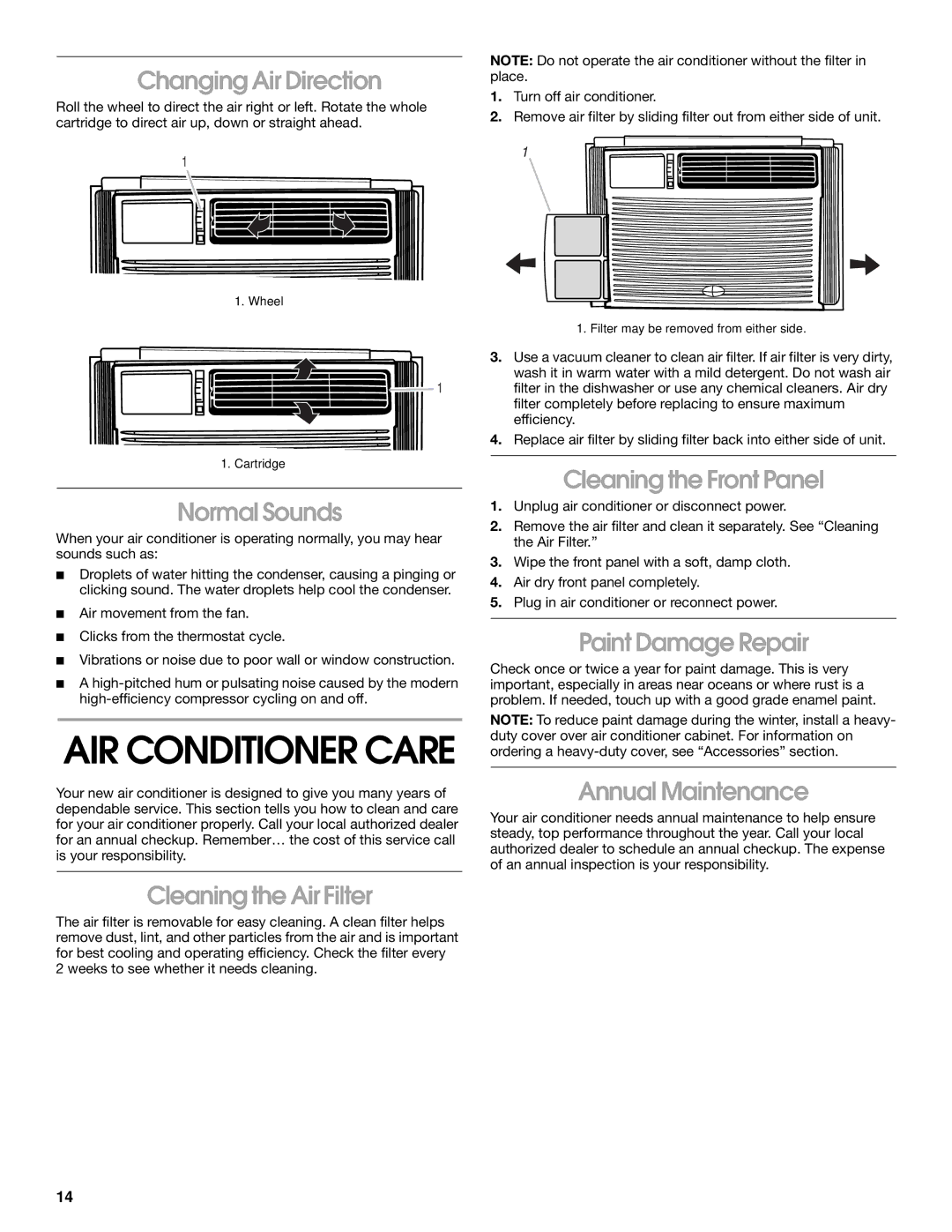 Whirlpool 1187361 manual Changing Air Direction, Normal Sounds, Cleaning the Air Filter, Cleaning the Front Panel 