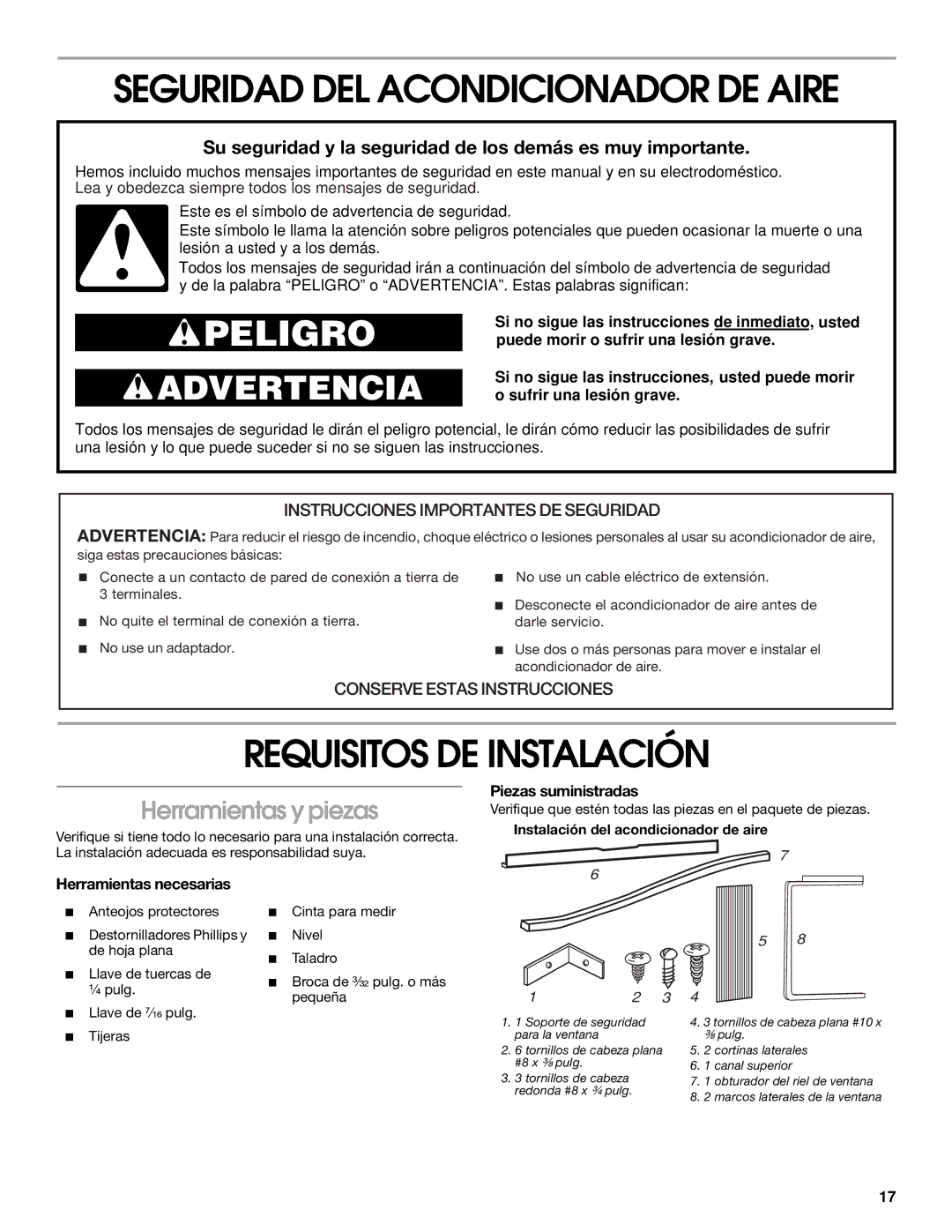 Whirlpool 1187361 manual Seguridad DEL Acondicionador DE Aire, Requisitos DE Instalación, Herramientas y piezas 