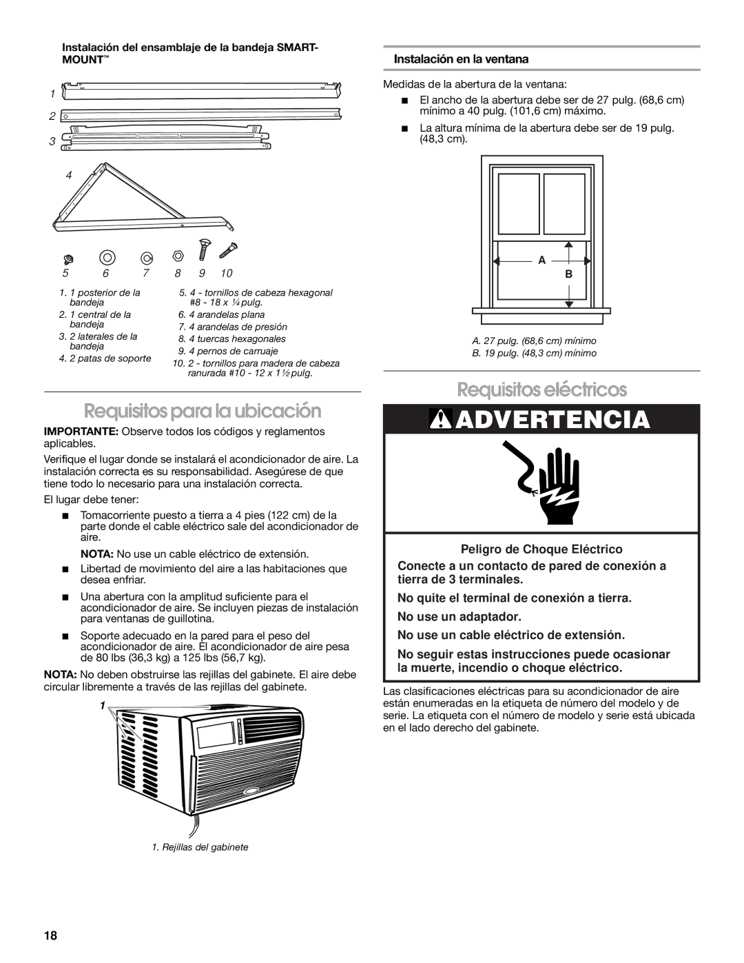 Whirlpool 1187361 manual Requisitos eléctricos Requisitos para la ubicación, Instalación en la ventana 