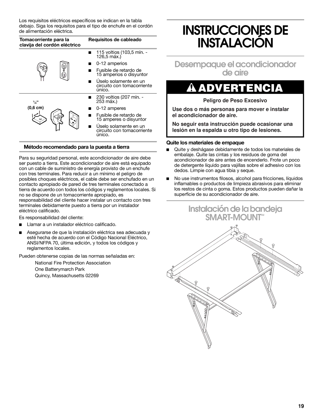 Whirlpool 1187361 manual Instrucciones DE Instalación, Desempaque el acondicionador De aire, Instalación de la bandeja 