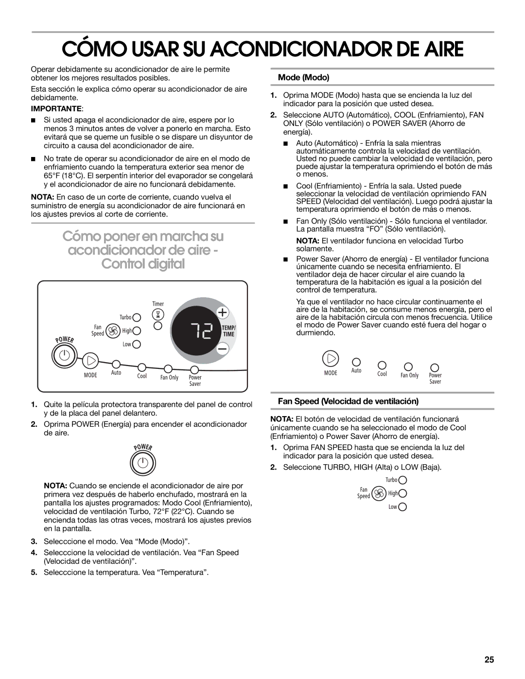 Whirlpool 1187361 manual Cómo Usar SU Acondicionador DE Aire, Mode Modo, Fan Speed Velocidad de ventilación 