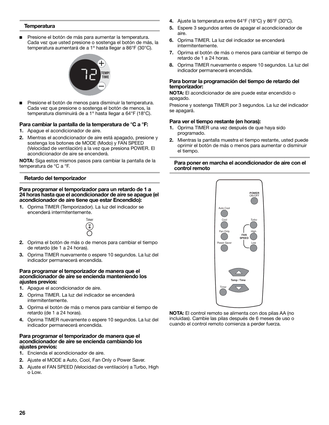 Whirlpool 1187361 Temperatura, Para cambiar la pantalla de la temperatura de C a F, Para ver el tiempo restante en horas 