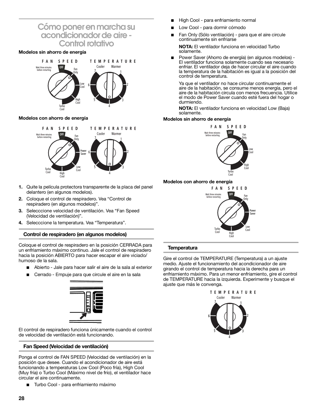 Whirlpool 1187361 Control de respiradero en algunos modelos, Modelos sin ahorro de energía Modelos con ahorro de energía 