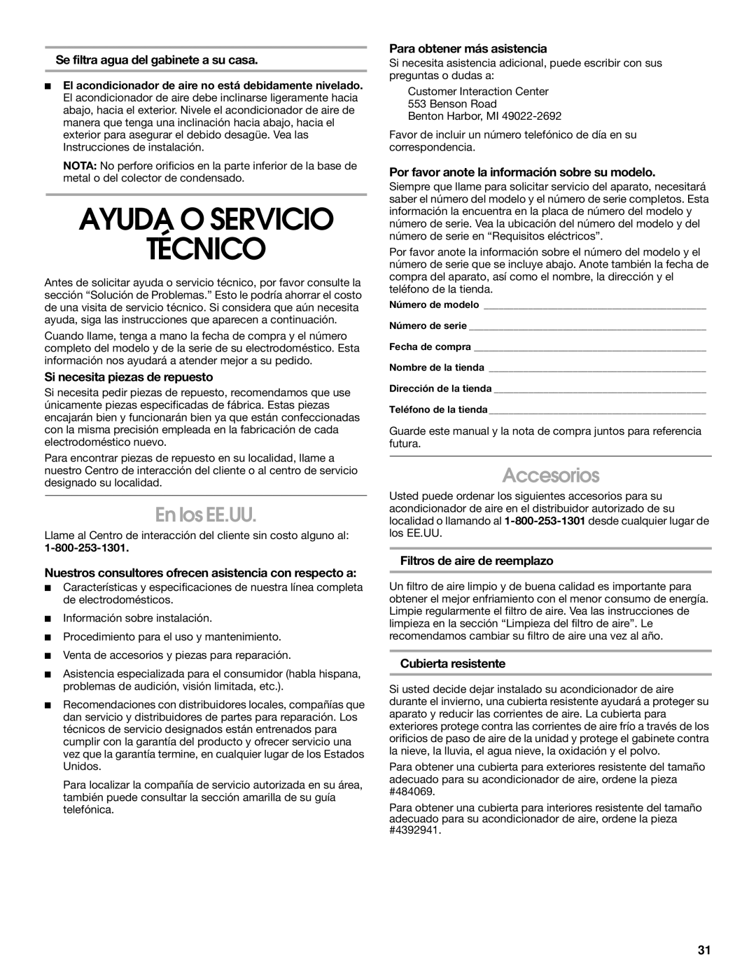 Whirlpool 1187361 manual Ayuda O Servicio Técnico, En los EE.UU, Accesorios 