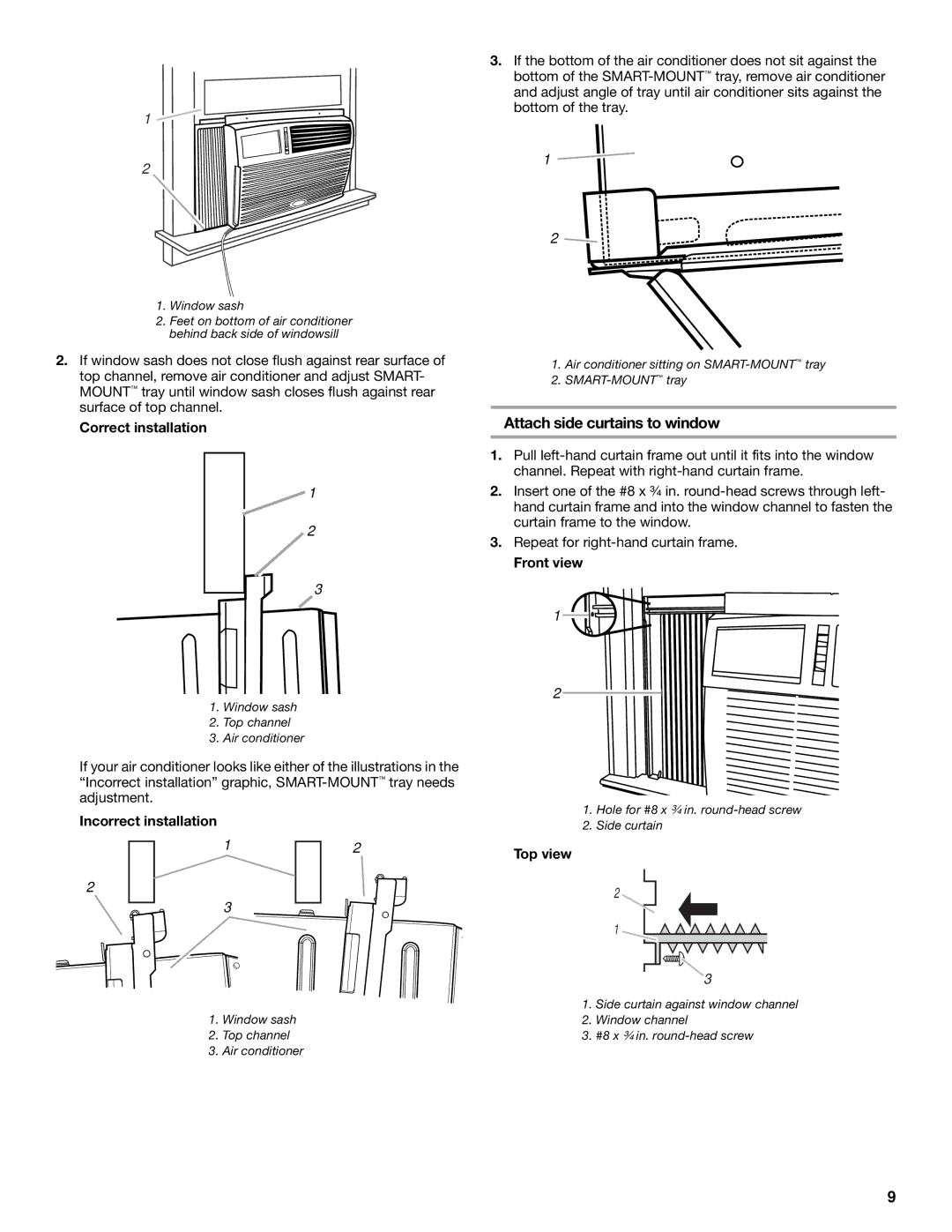 Whirlpool 1187361 manual Attach side curtains to window, Correct installation, Incorrect installation, Front view, Top view 