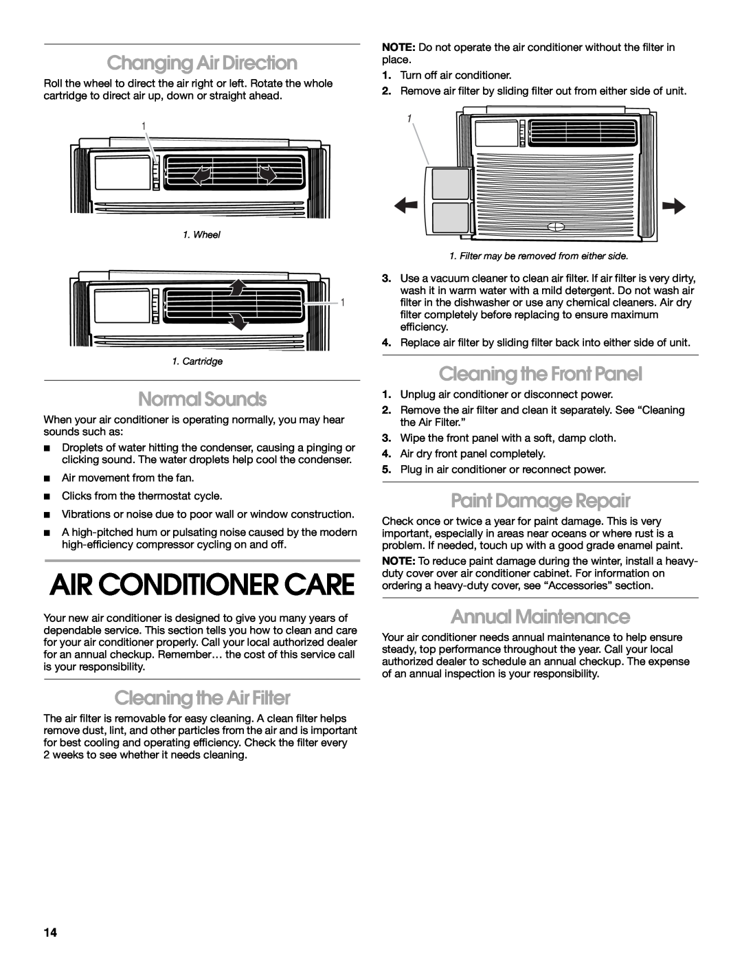 Whirlpool 1187361 manual Changing Air Direction, Normal Sounds, Cleaning the Air Filter, Cleaning the Front Panel 