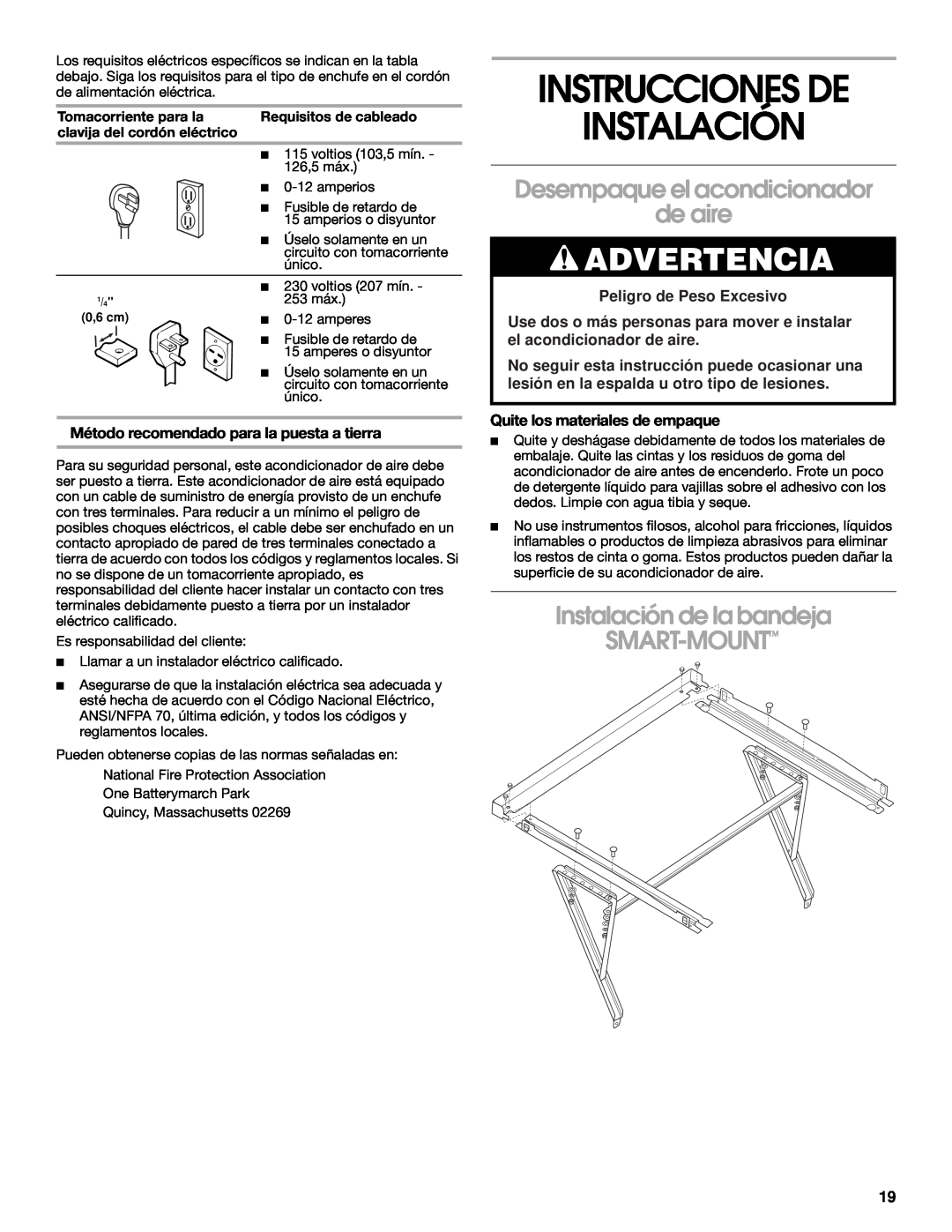 Whirlpool 1187361 manual Instrucciones De Instalación, Desempaque el acondicionador de aire, Peligro de Peso Excesivo 