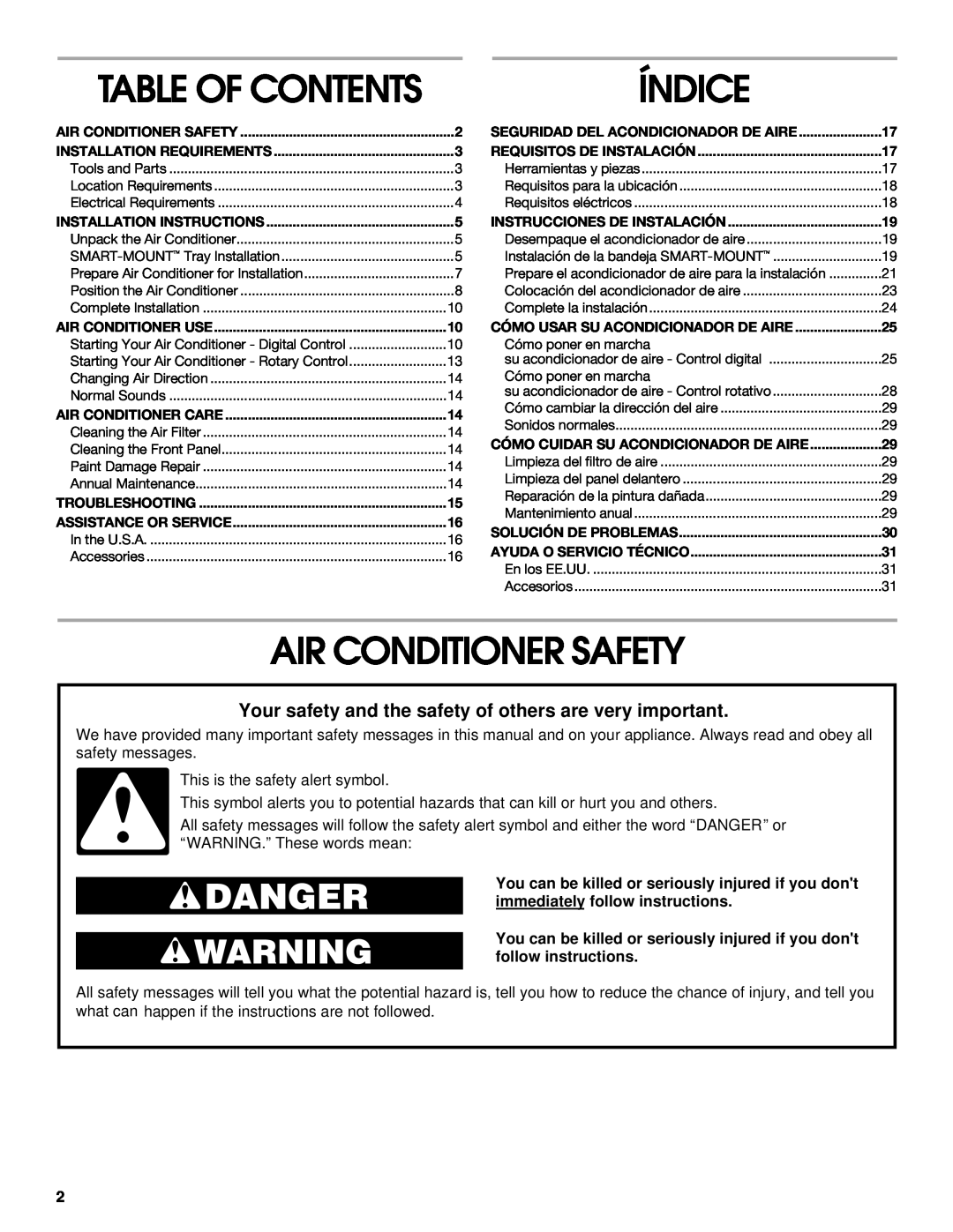 Whirlpool 1187361 manual Índice, Air Conditioner Safety, Table Of Contents 