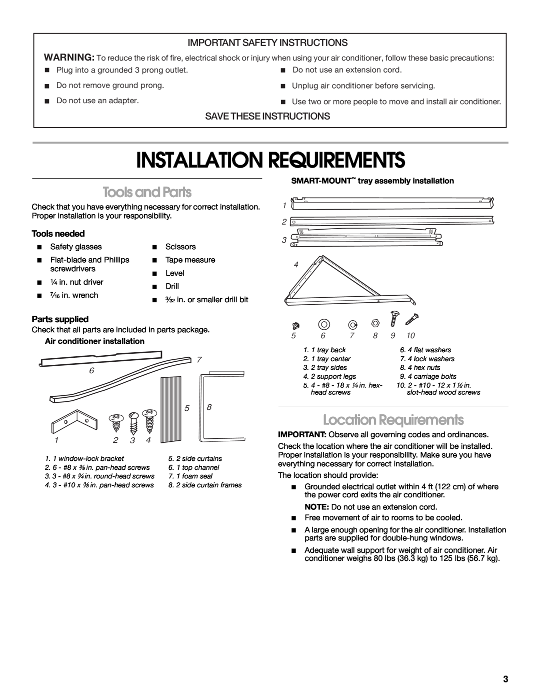 Whirlpool 1187361 manual Installation Requirements, Tools and Parts, Location Requirements, Important Safety Instructions 