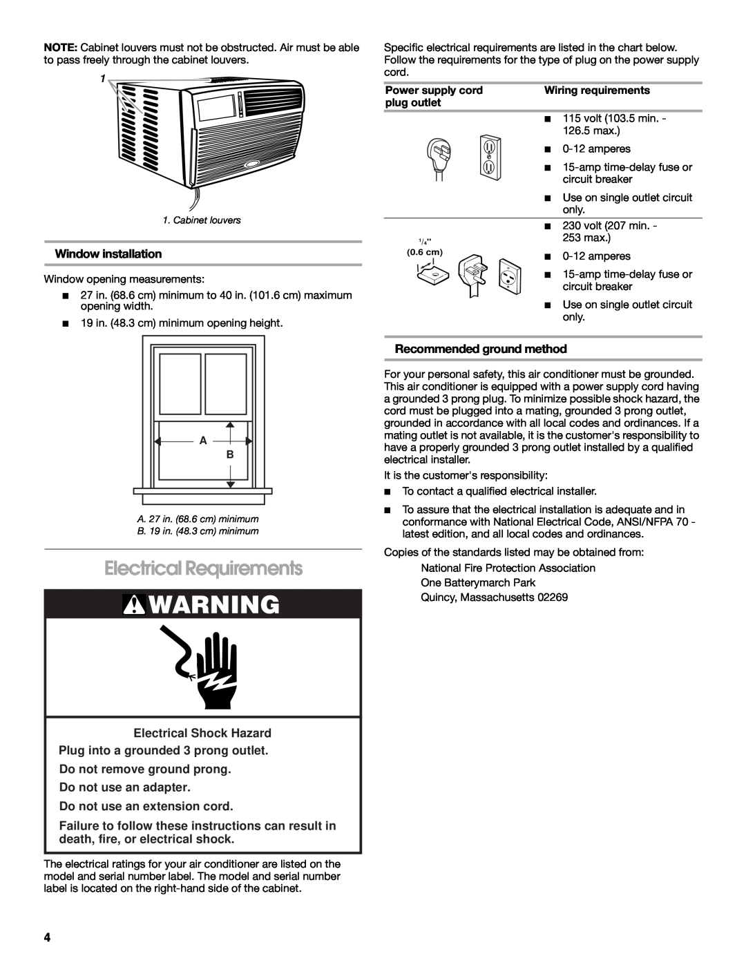 Whirlpool 1187361 Electrical Requirements, Window installation, Electrical Shock Hazard, Do not use an extension cord 