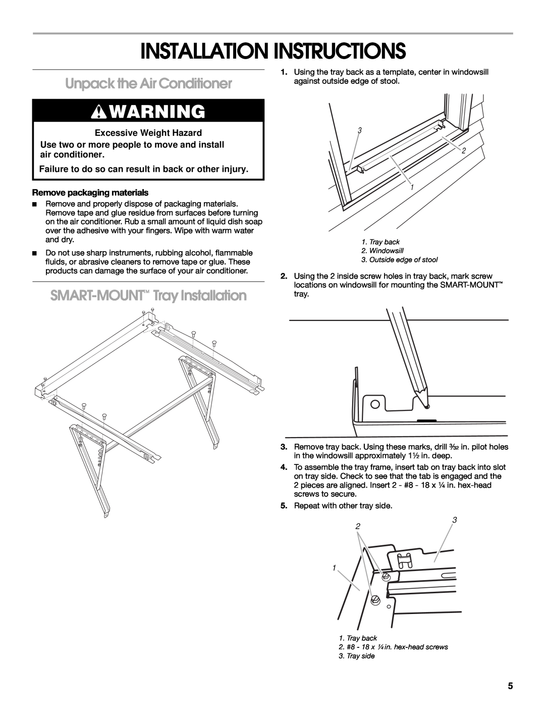 Whirlpool 1187361 manual Installation Instructions, Unpack the Air Conditioner, SMART-MOUNT Tray Installation 