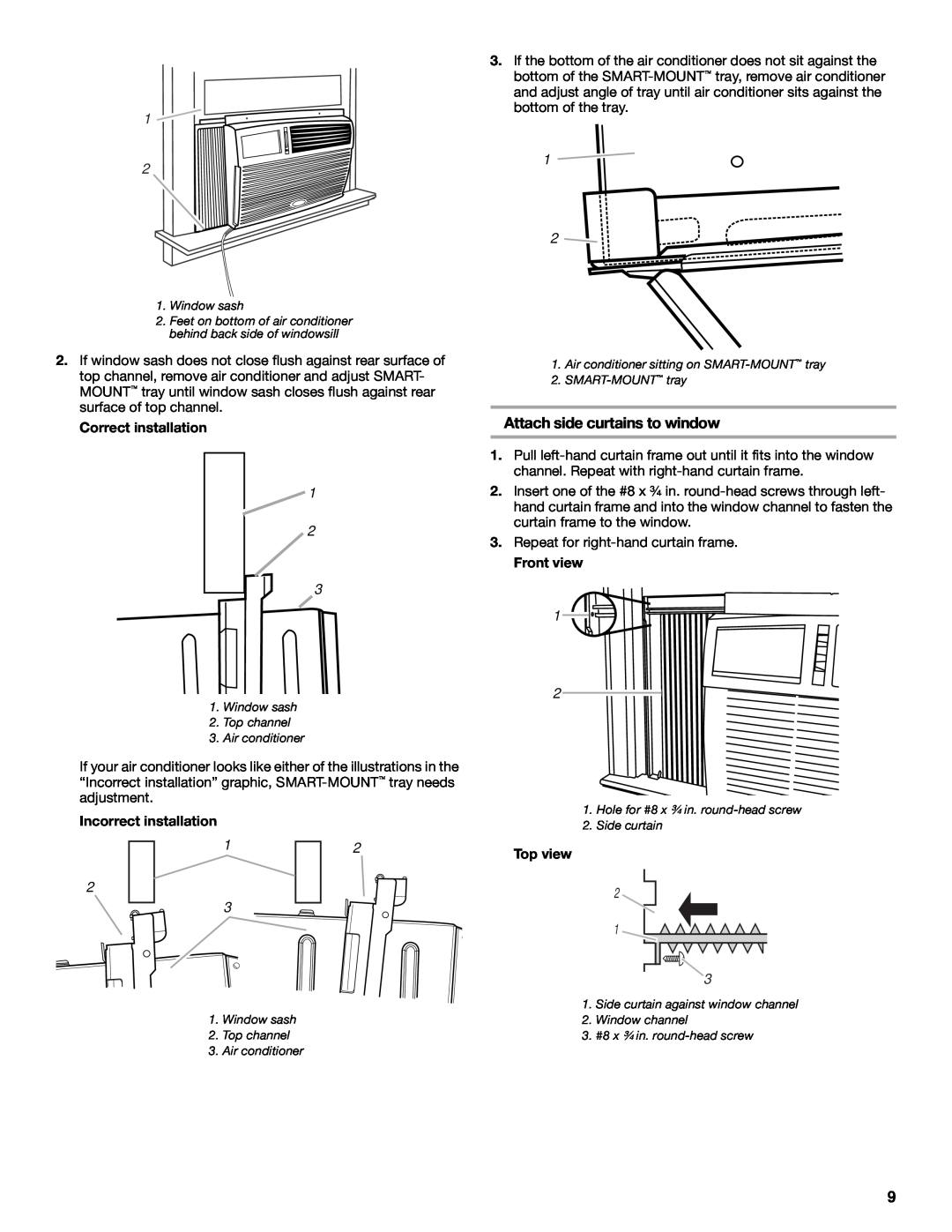 Whirlpool 1187361 manual Attach side curtains to window, Correct installation, 1 2 3, Incorrect installation, Front view 
