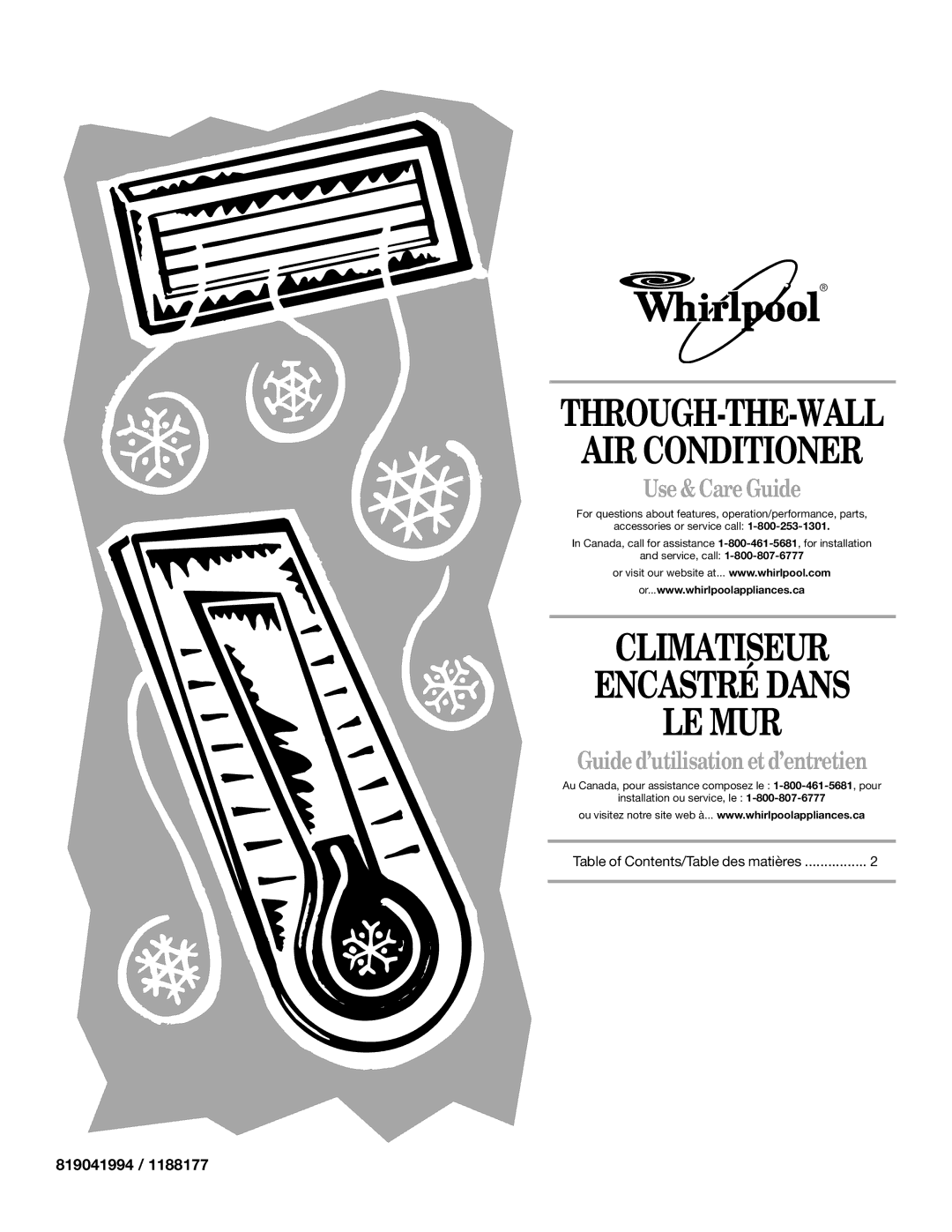 Whirlpool 819041994, 1188177 manual THROUGH-THE-WALL AIR Conditioner 