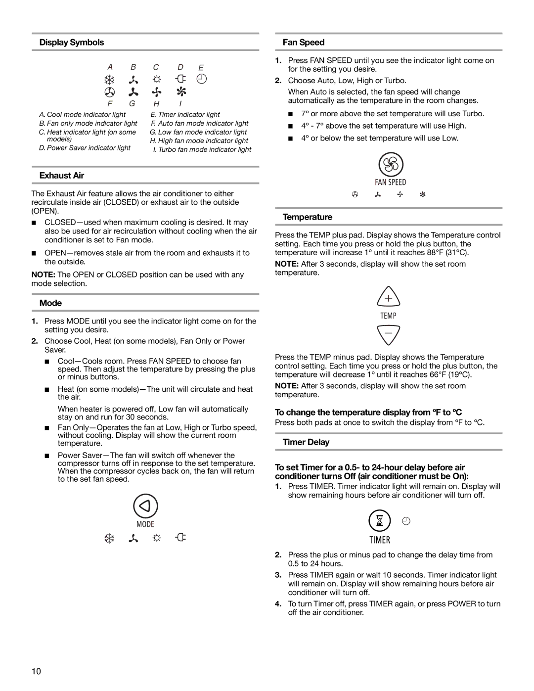 Whirlpool 1188177, 819041994 manual Display Symbols Fan Speed, Exhaust Air, Mode, Temperature, Timer Delay 