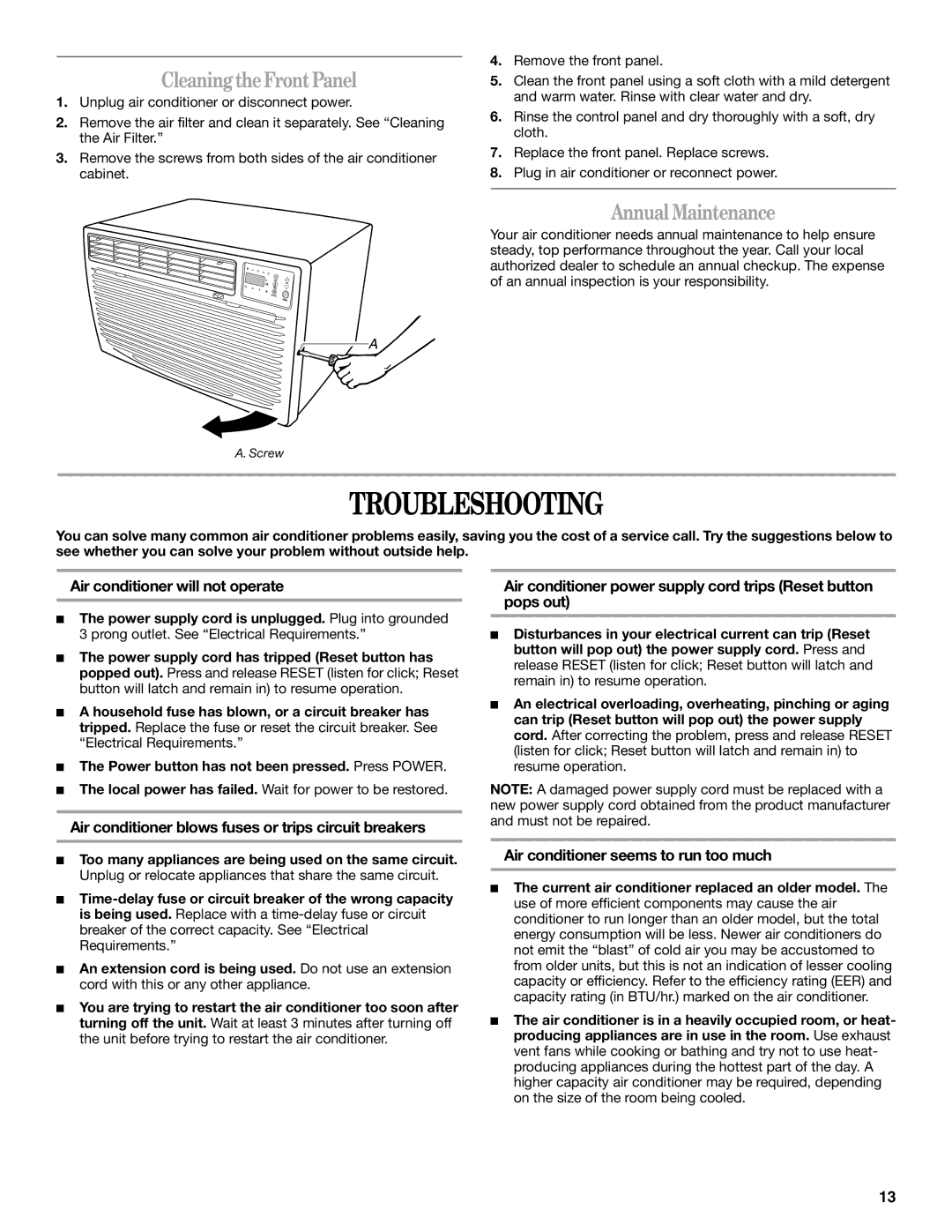 Whirlpool 819041994, 1188177 manual Troubleshooting, CleaningtheFrontPanel, Annual Maintenance 