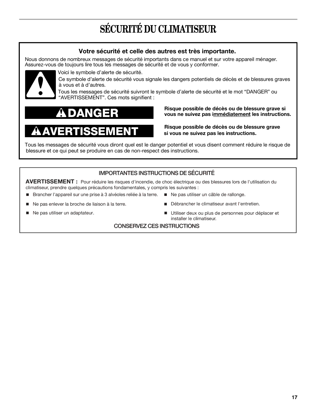 Whirlpool 819041994, 1188177 manual Sécurité DU Climatiseur, Votre sécurité et celle des autres est très importante 