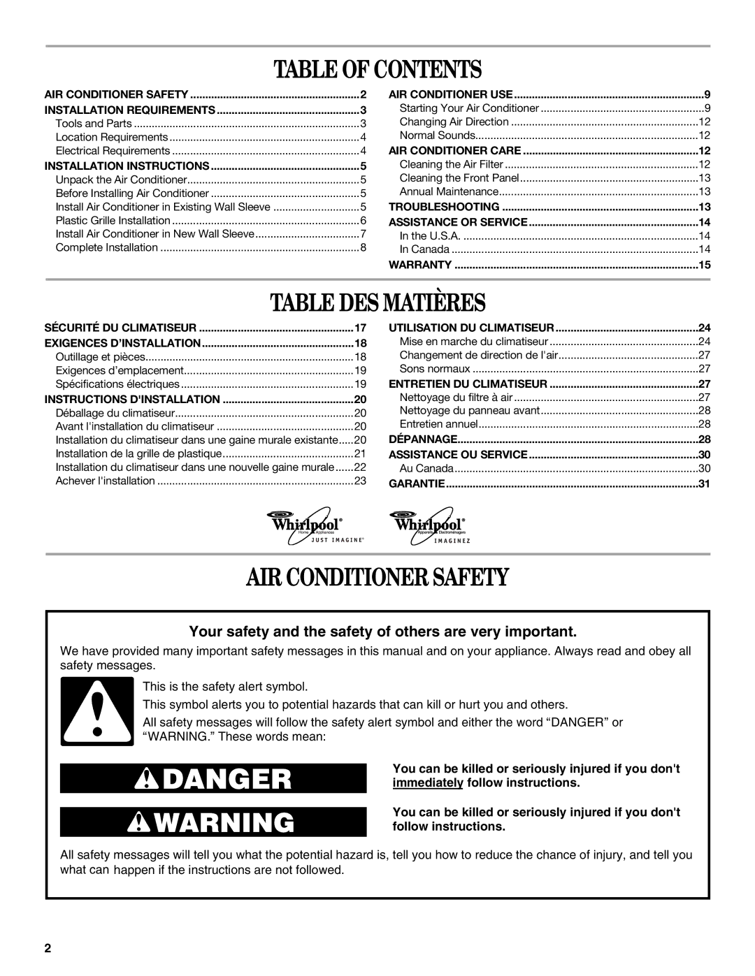 Whirlpool 1188177, 819041994 manual Table of Contents, Table DES Matières, AIR Conditioner Safety 