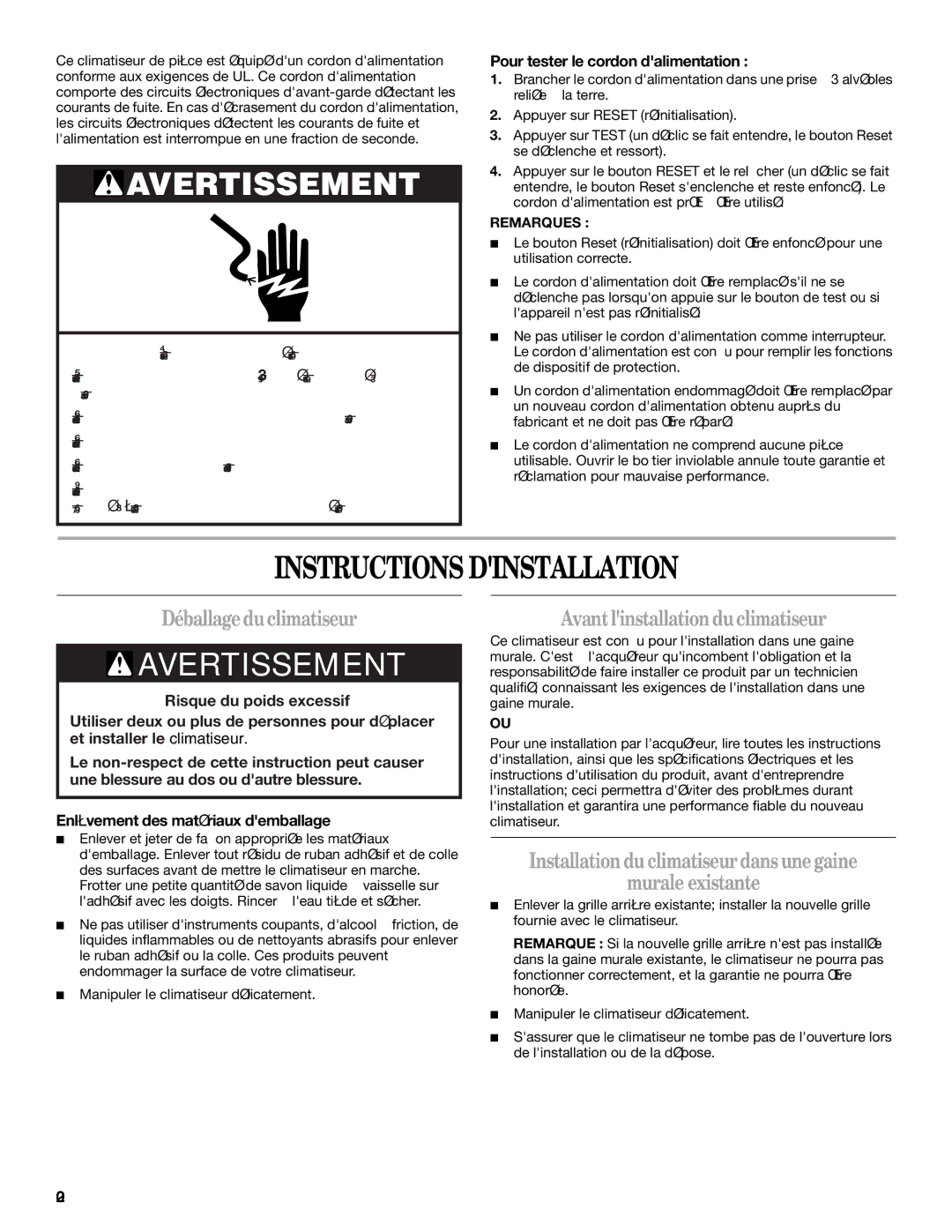 Whirlpool 1188177, 819041994 manual Instructions Dinstallation, Déballageduclimatiseur, Avantlinstallation duclimatiseur 