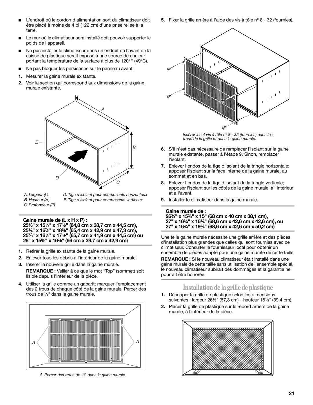 Whirlpool 819041994, 1188177 manual Installation delagrilledeplastique, Gaine murale de L x H x P 