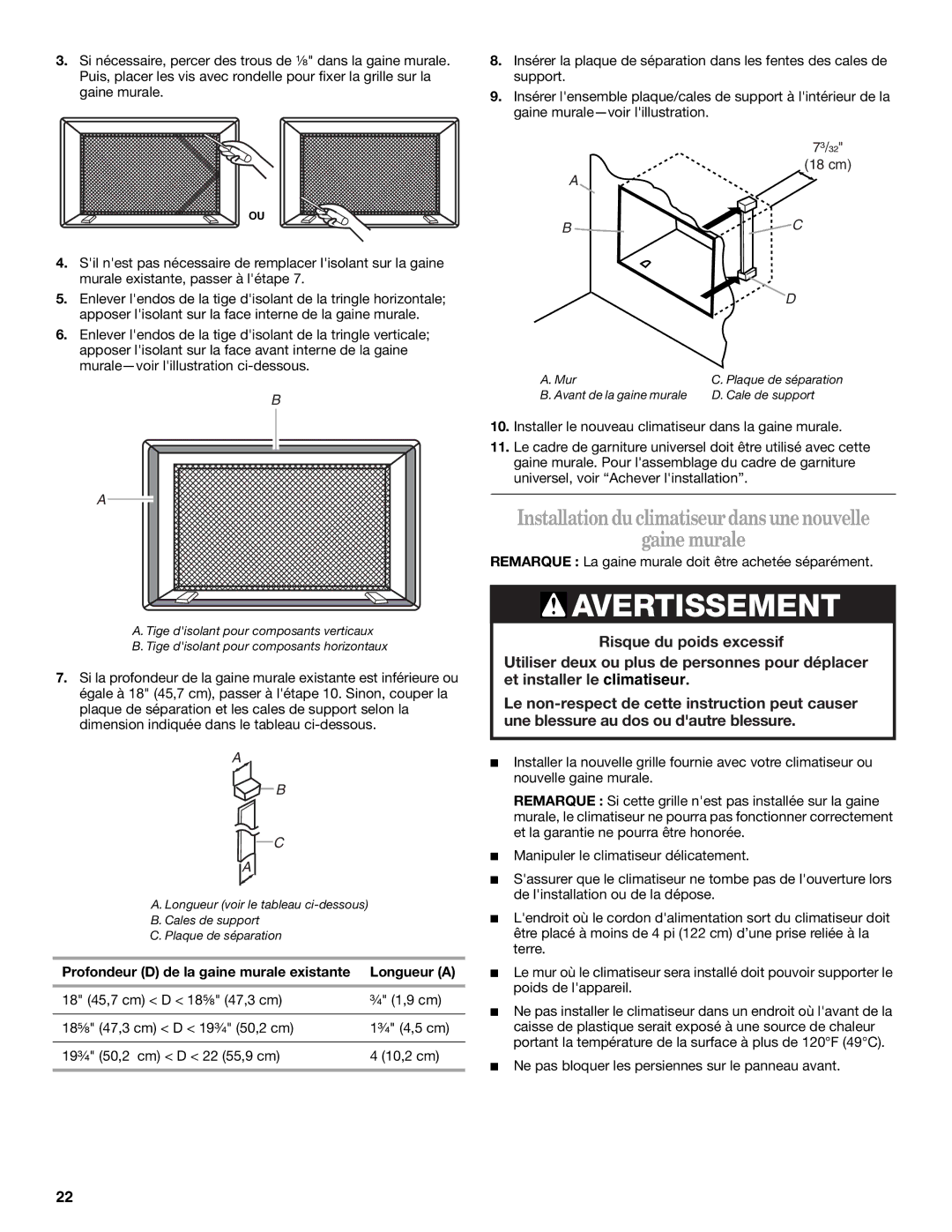 Whirlpool 1188177, 819041994 manual Installationdu climatiseurdans unenouvelle Gaine murale 