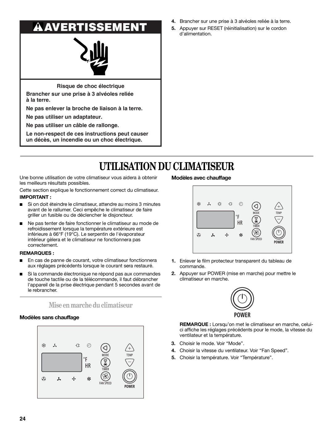 Whirlpool 1188177 Utilisation DU Climatiseur, Miseenmarcheduclimatiseur, Modèles sans chauffage Modèles avec chauffage 