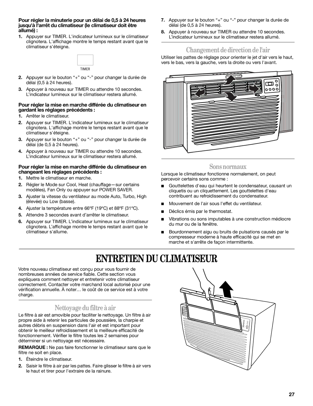 Whirlpool 819041994, 1188177 Entretien DU Climatiseur, Changementdedirectiondelair, Sonsnormaux, Nettoyagedu filtreàair 