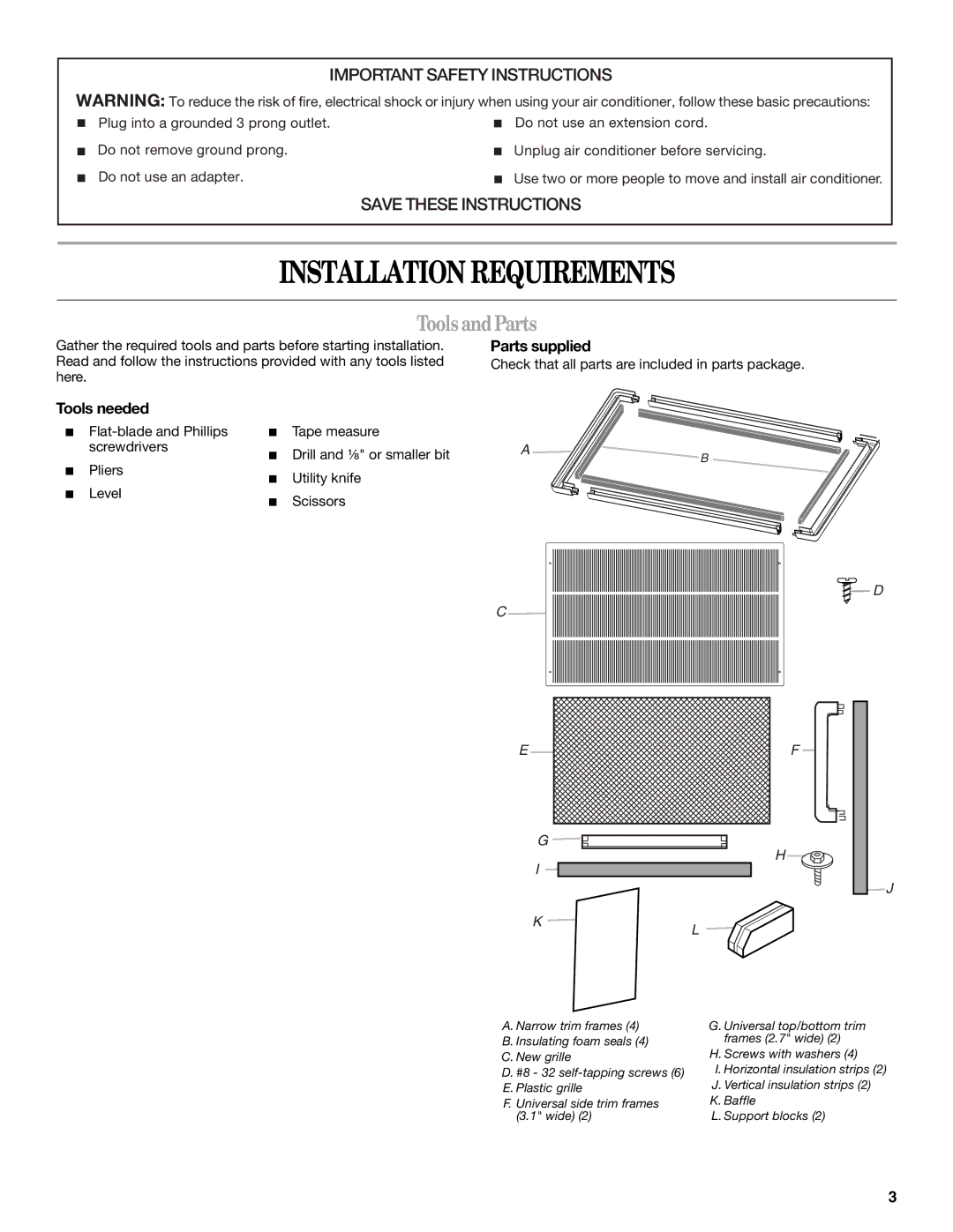 Whirlpool 819041994, 1188177 manual Installation Requirements, Tools andParts, Parts supplied, Tools needed, Supplied 5A.eps 