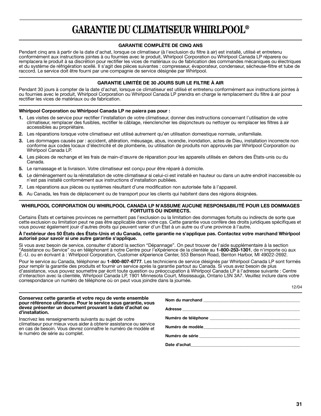 Whirlpool 819041994, 1188177 manual Garantie DU Climatiseur Whirlpool, Garantie Complète DE Cinq ANS 