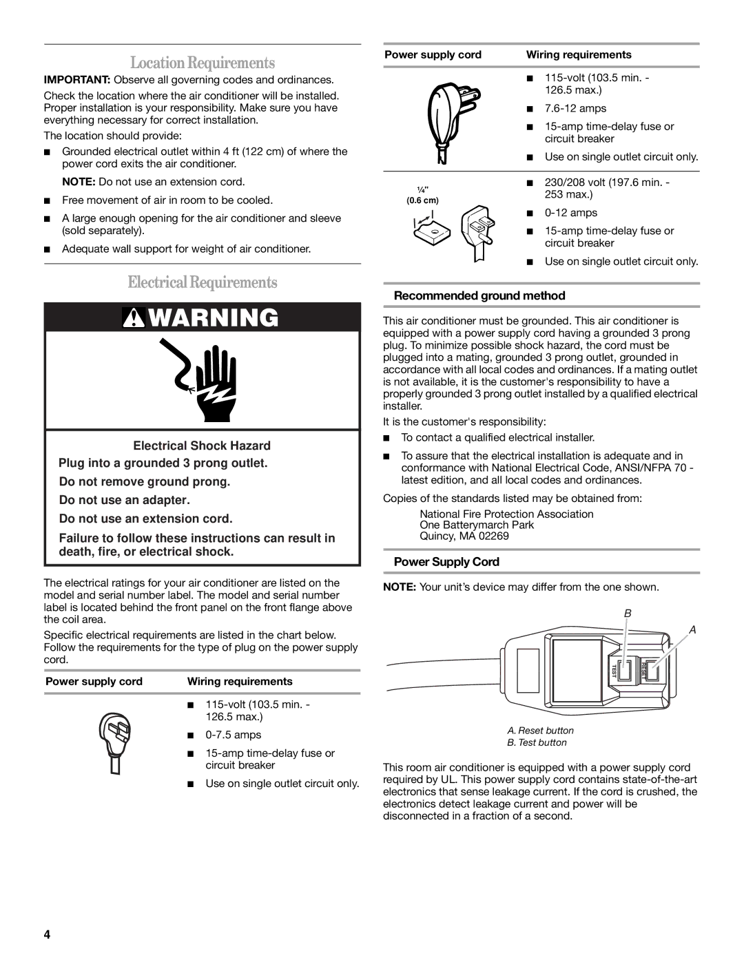 Whirlpool 1188177, 819041994 LocationRequirements, Electrical Requirements, Recommended ground method, Power Supply Cord 