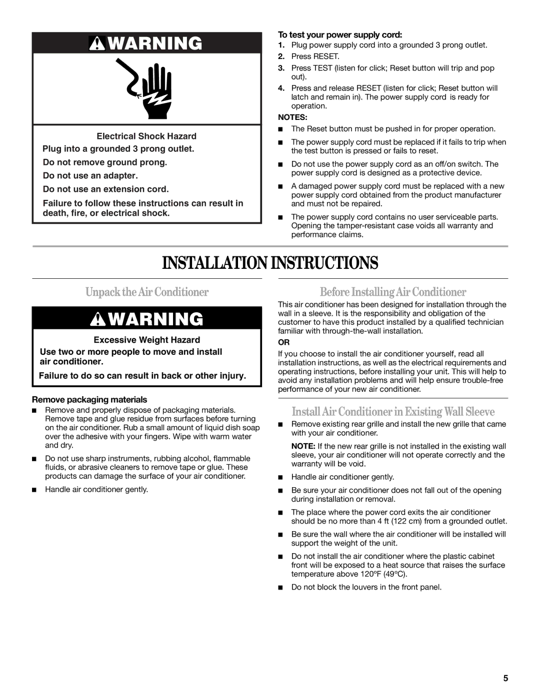 Whirlpool 819041994, 1188177 manual Installation Instructions, UnpacktheAir Conditioner, BeforeInstallingAir Conditioner 