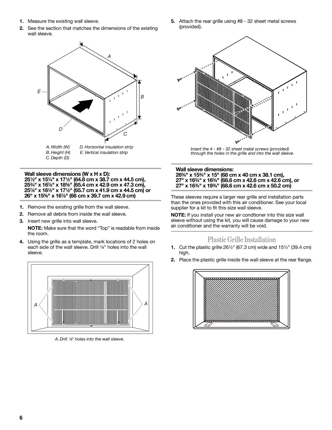 Whirlpool 1188177, 819041994 manual PlasticGrilleInstallation, Wall sleeve dimensions W x H x D 