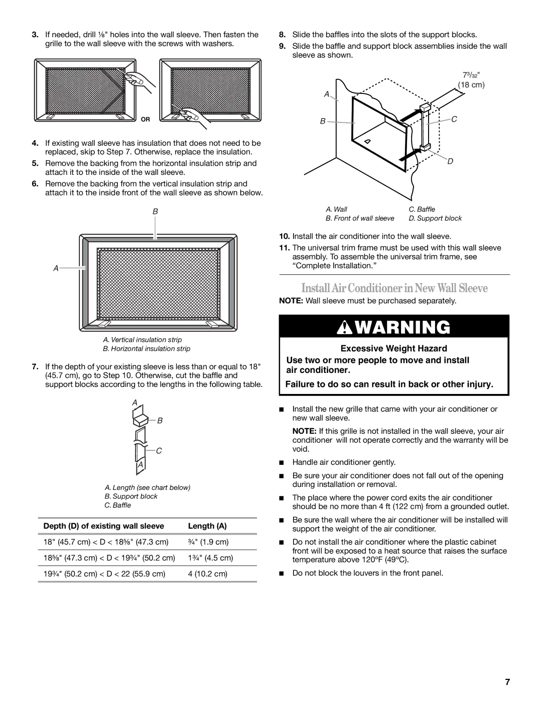 Whirlpool 819041994, 1188177 manual InstallAirConditionerinNew Wall Sleeve, Depth D of existing wall sleeve Length a 