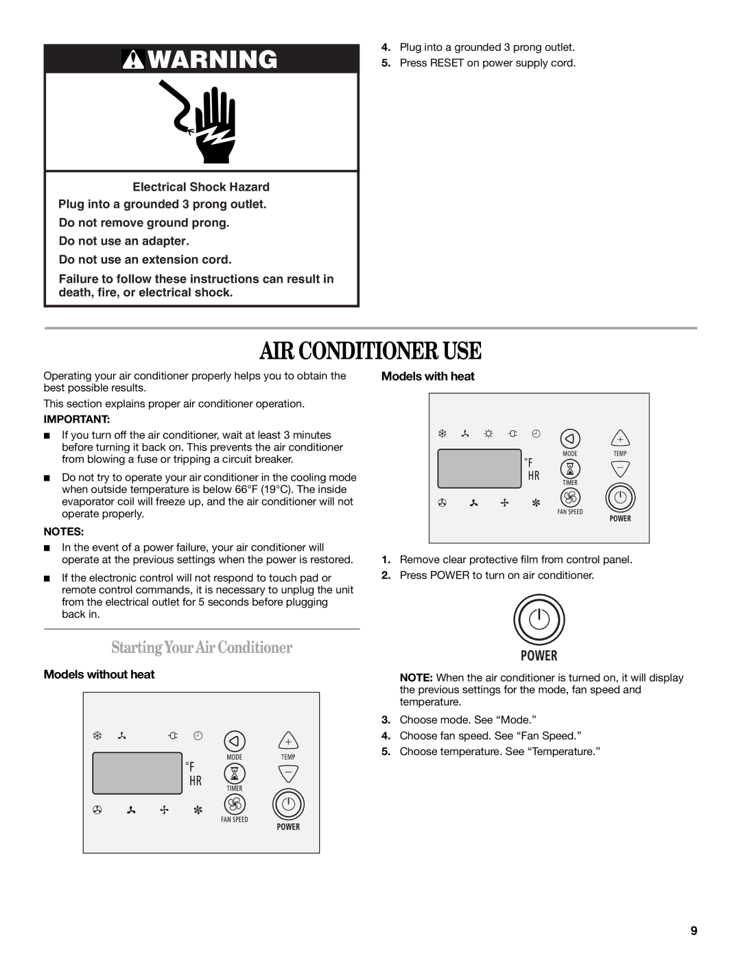 Whirlpool 819041994, 1188177 manual AIR Conditioner USE, StartingYourAirConditioner, Models without heat Models with heat 