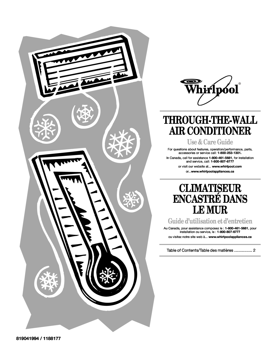 Whirlpool 819041994, 1188177 manual Through-The-Wall Air Conditioner, Climatiseur Encastré Dans Le Mur, Use & Care Guide 