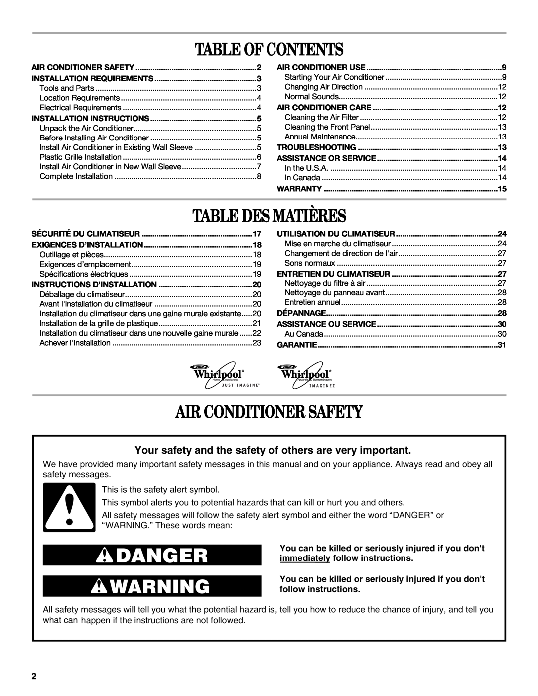 Whirlpool 1188177, 819041994 manual Table Of Contents, Table Des Matières, Air Conditioner Safety 