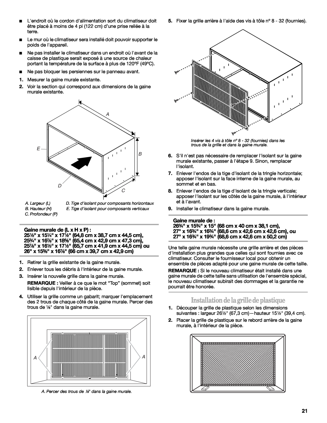 Whirlpool 819041994, 1188177 manual Installation delagrilledeplastique, Gaine murale de L x H x P, A E B 