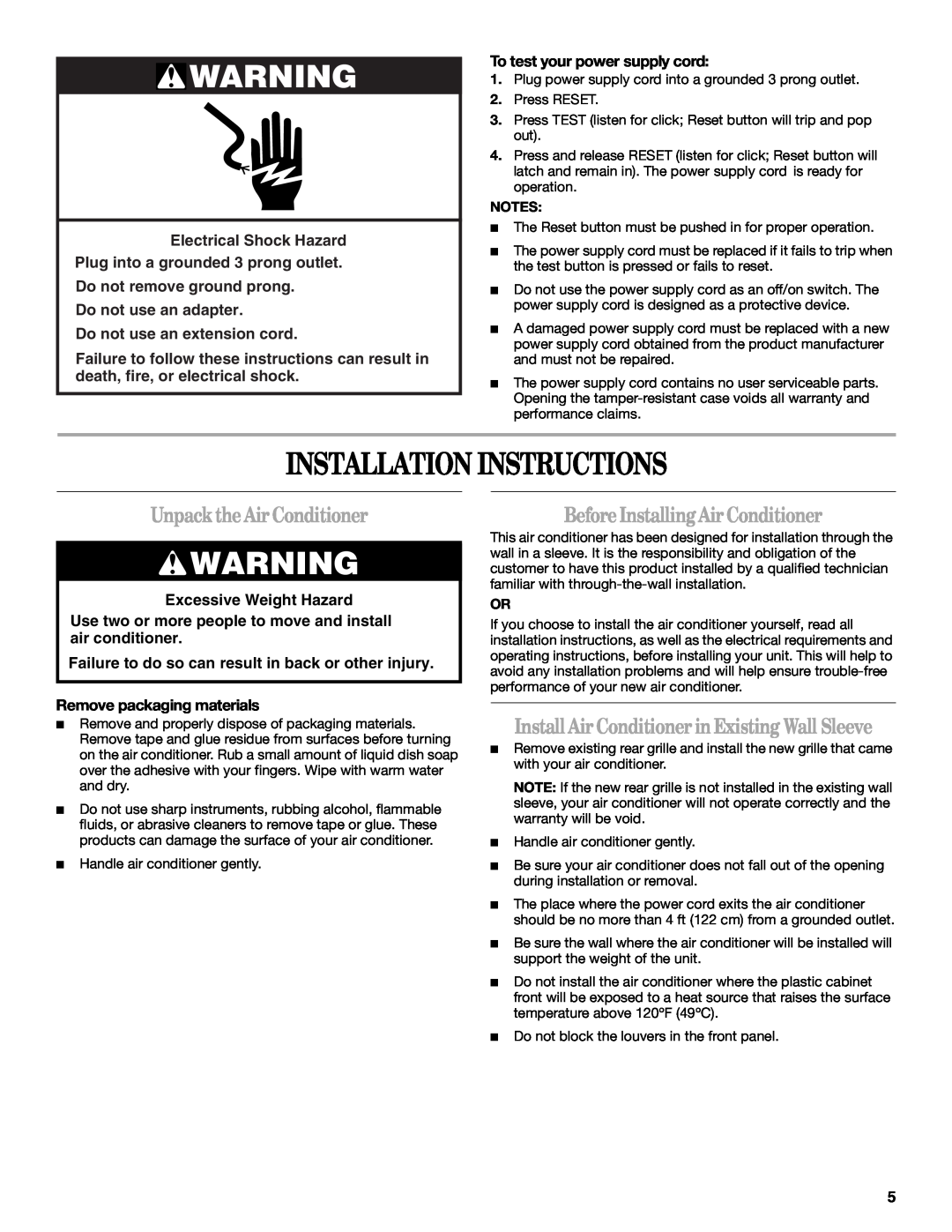 Whirlpool 819041994, 1188177 manual Installation Instructions, UnpacktheAir Conditioner, BeforeInstallingAir Conditioner 