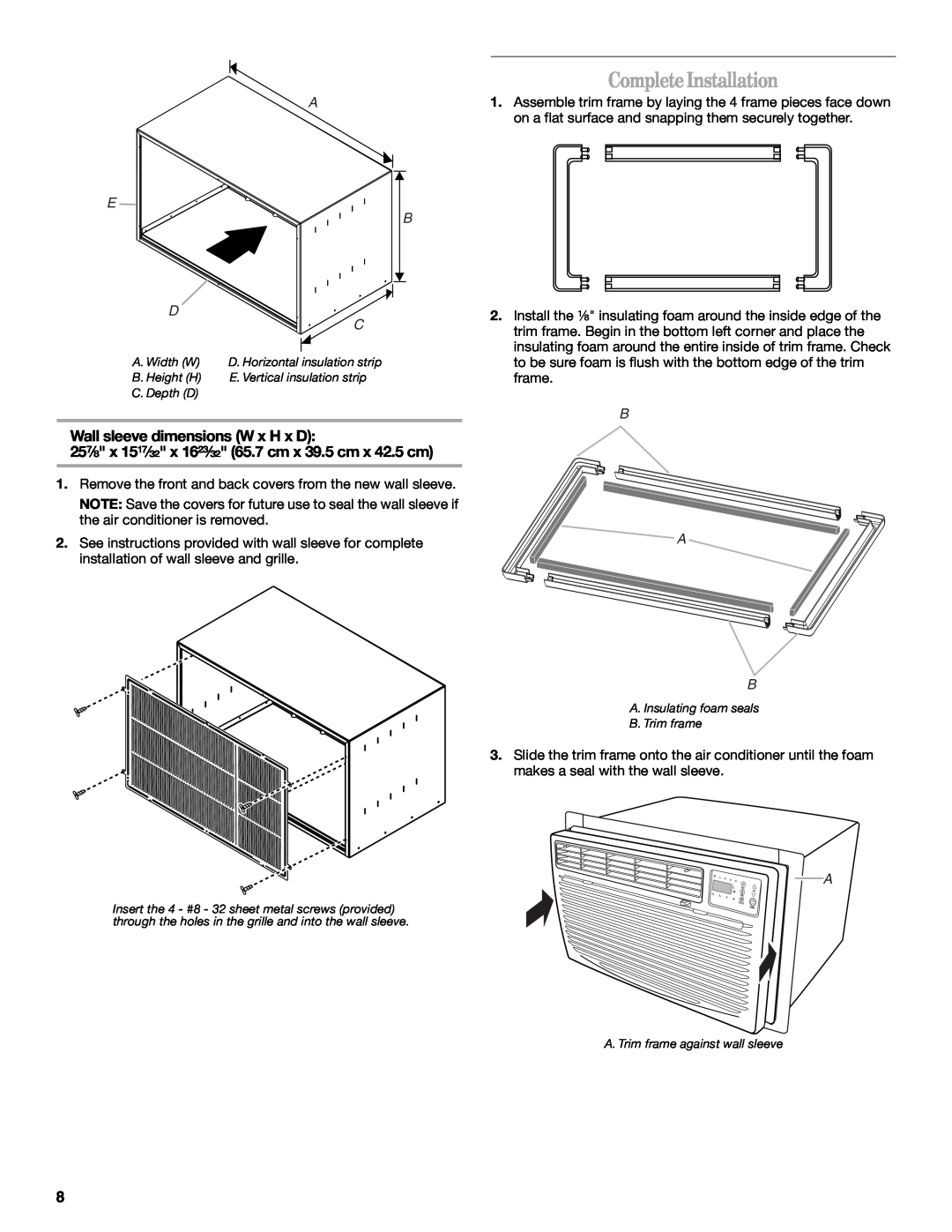 Whirlpool 1188177, 819041994 manual CompleteInstallation, Wall sleeve dimensions W x H x D, A E B D C, B A B 