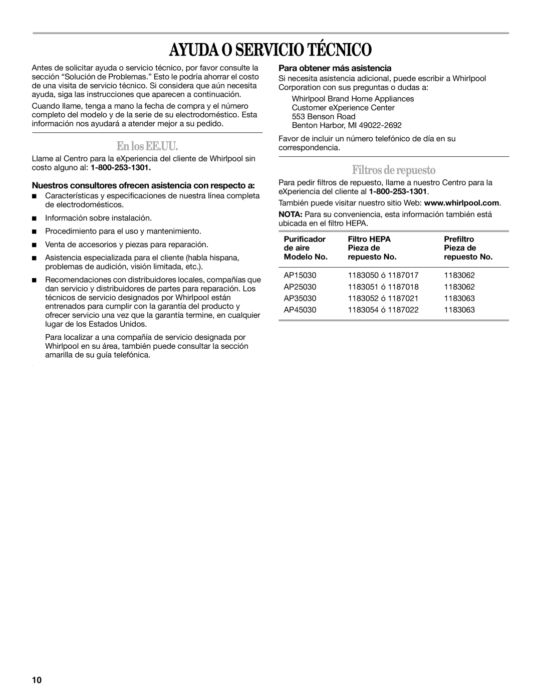 Whirlpool 1188694 manual Ayuda O Servicio Técnico, EnlosEE.UU, Filtros derepuesto, Para obtener más asistencia 