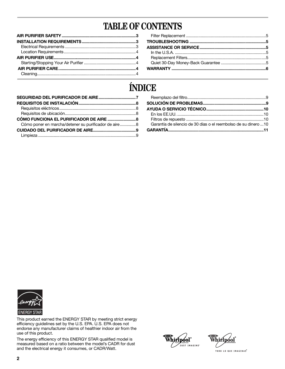 Whirlpool 1188694 manual Table of Contents, Índice 