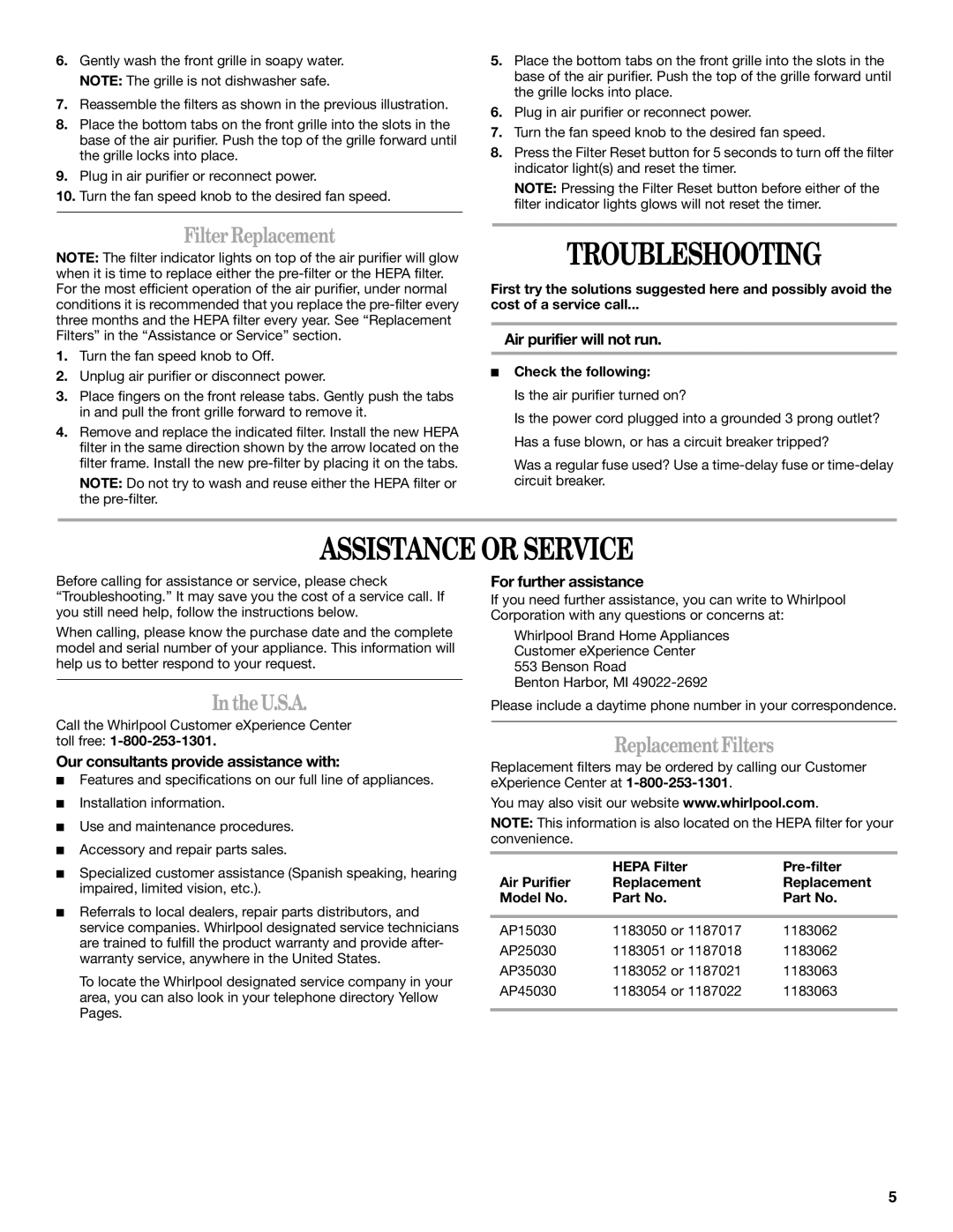 Whirlpool 1188694 manual Troubleshooting, Assistance or Service, FilterReplacement, TheU.S.A, ReplacementFilters 