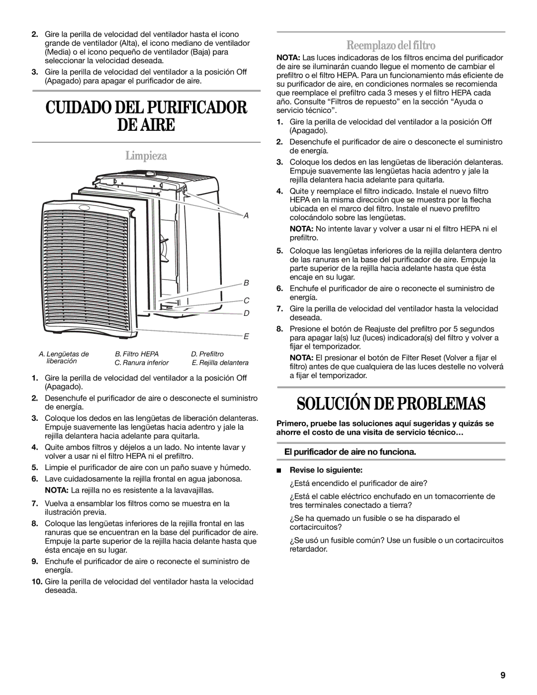 Whirlpool 1188694 manual DE Aire, Limpieza, Reemplazodelfiltro, El purificador de aire no funciona, Revise lo siguiente 