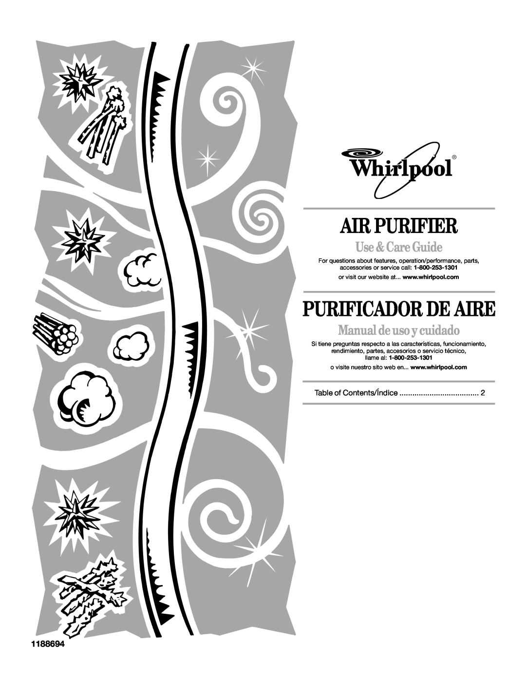 Whirlpool 1188694 manual Air Purifier, Purificador De Aire, Use & Care Guide, Manual de uso ycuidado, llame al 