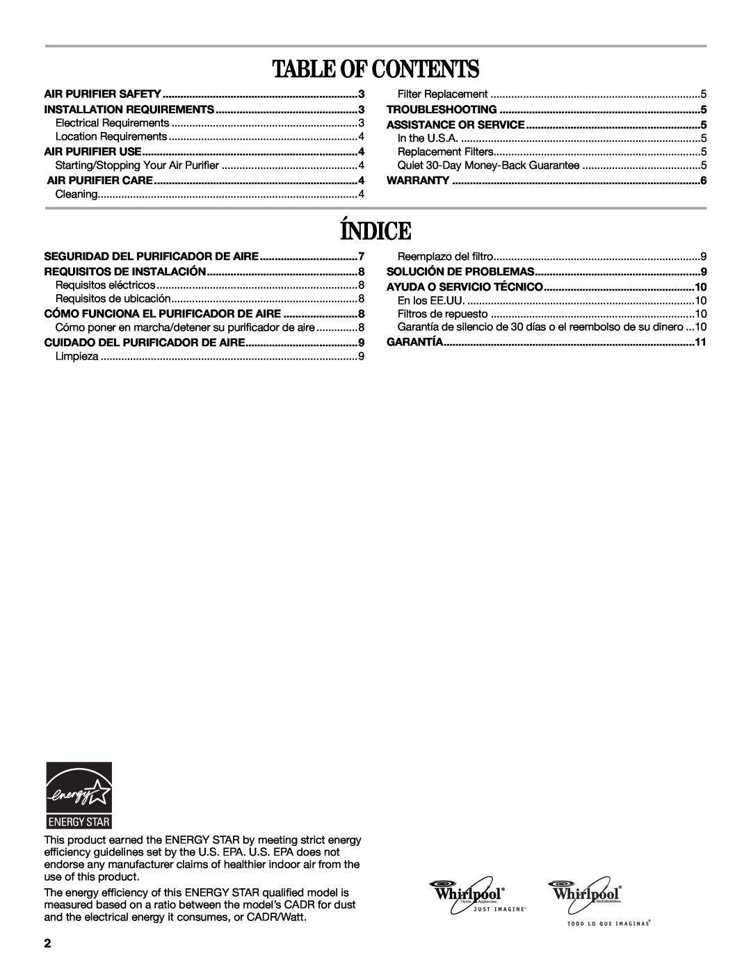 Whirlpool 1188694 manual Table Of Contents, Índice 